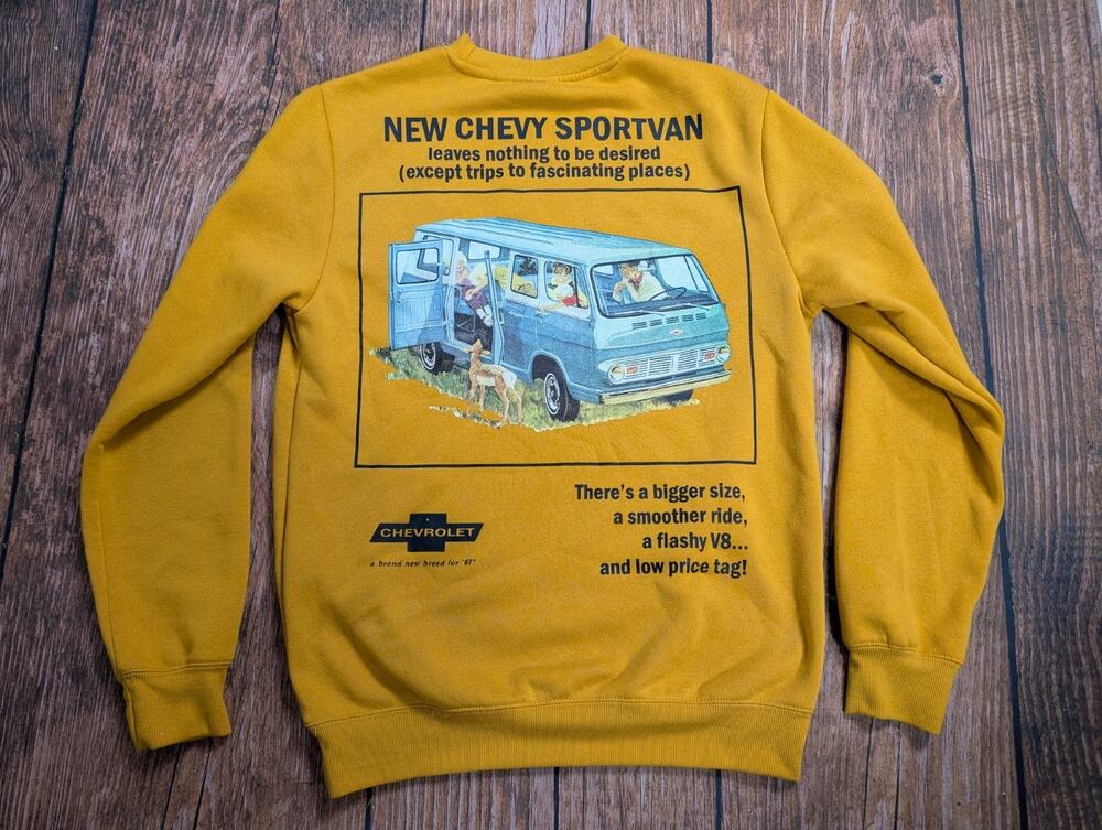 Chevrolet Crewneck Sweatshirt Mens Size S Yellow Chevy Sportvan 67 Chemistry